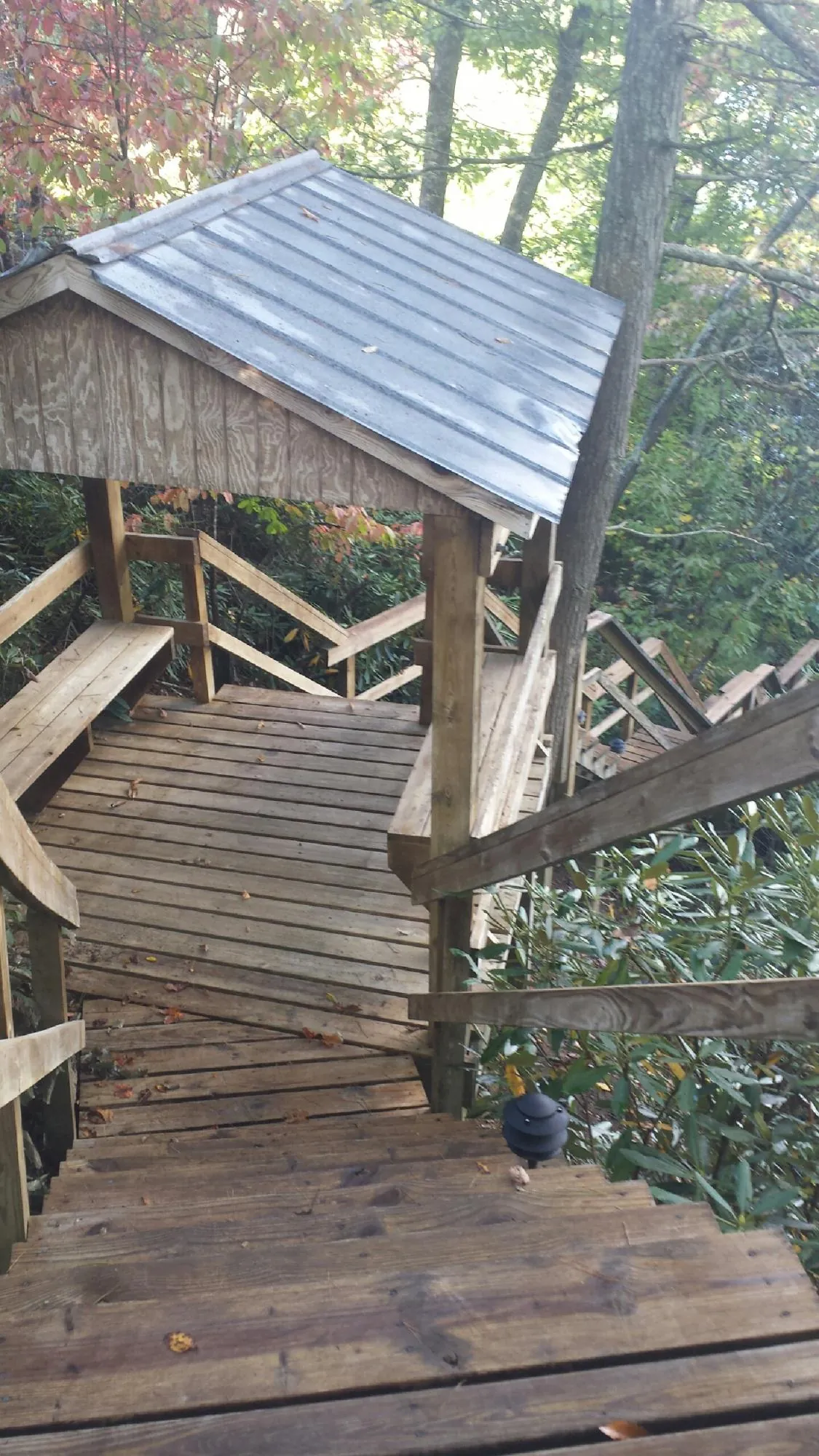 Metal roofed shelter over wooden steps on a wooded walkway — Skylight Repair & Installation work by our crew in Woodrow